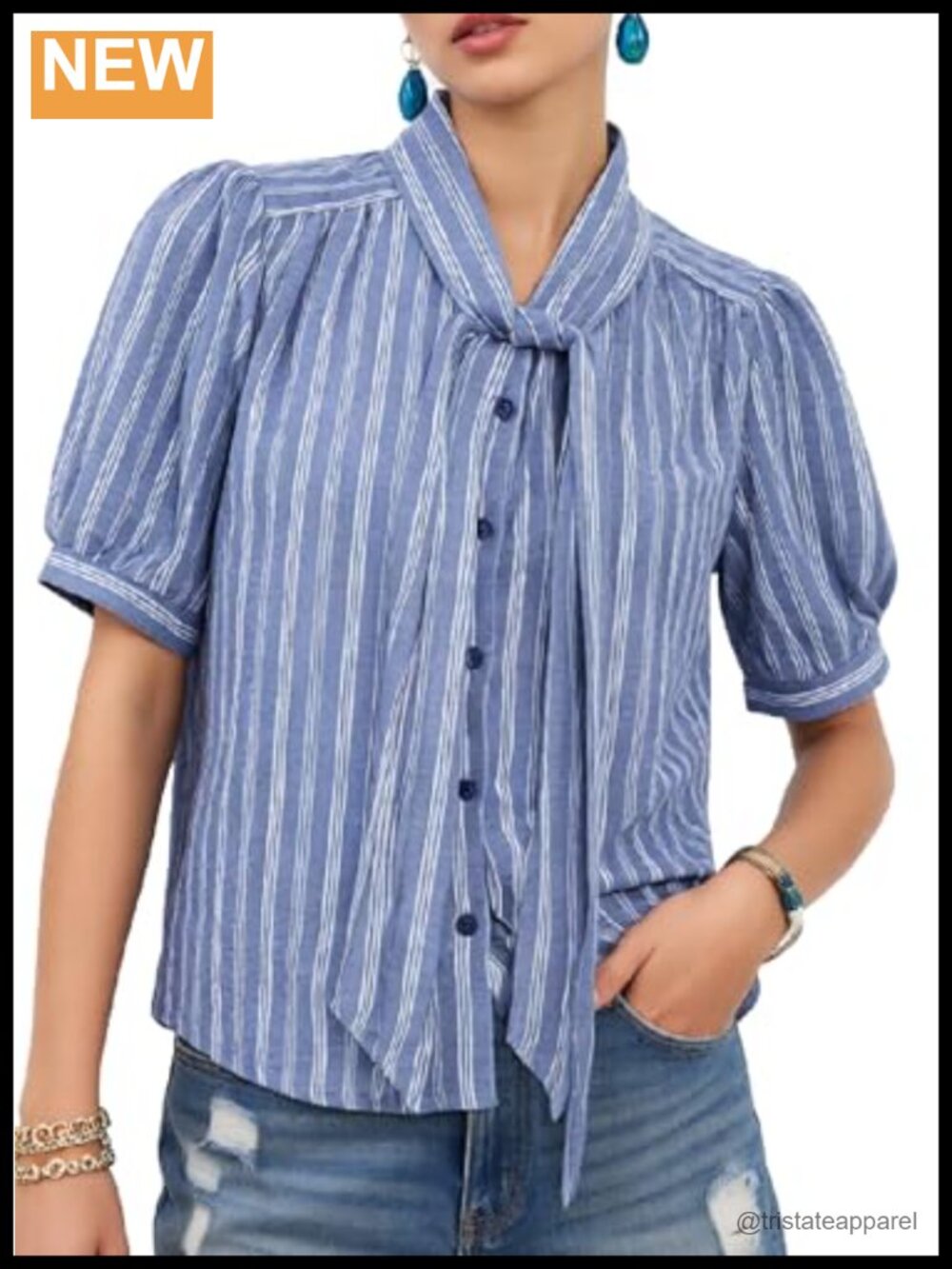 Striped Bow Tie Button Down Puff Sleeve Blouse